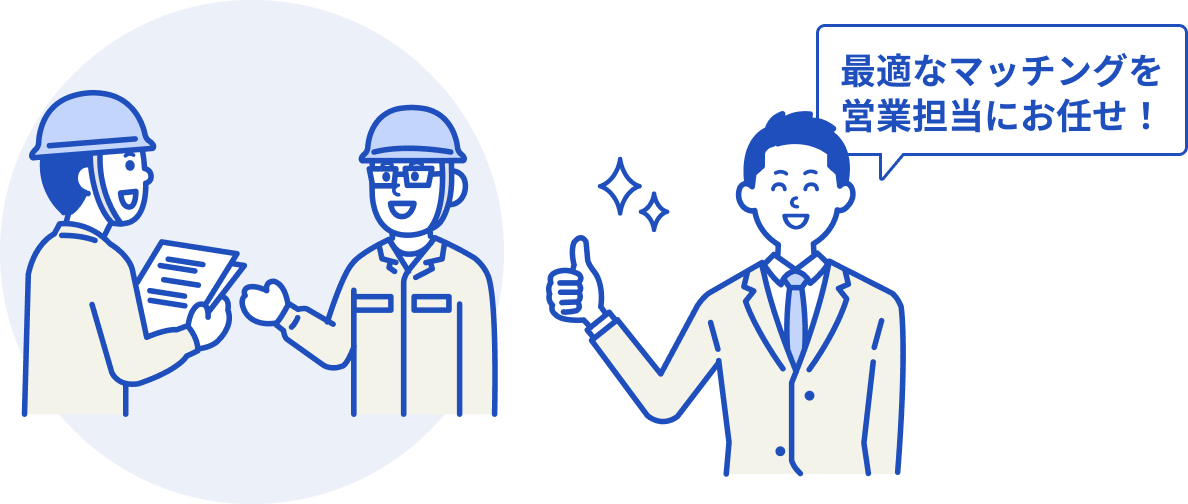 最適なマッチングを営業担当にお任せ!話をしている施工者2人のイラストとサムズアップしている営業担当のイラスト