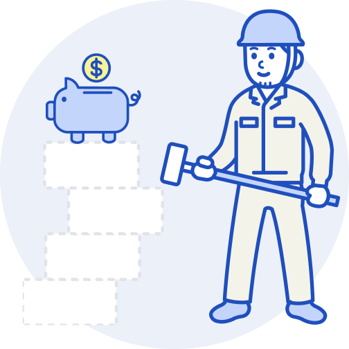 積み重なっている石の上にブタの貯金箱があり、その横に道具を持っている施工者のイラストがある